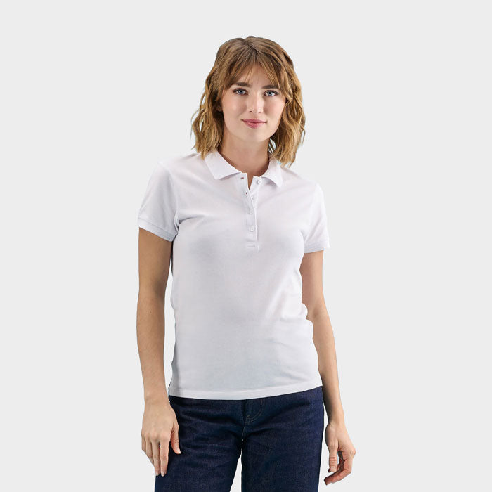 Model wearing a branded heavyweight women's polo shirt