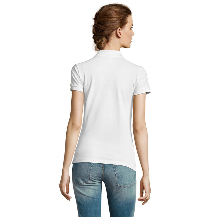 White heavyweight women's polo shirt, back view