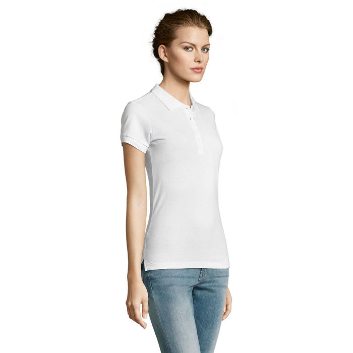 White heavyweight women's polo shirt, side view