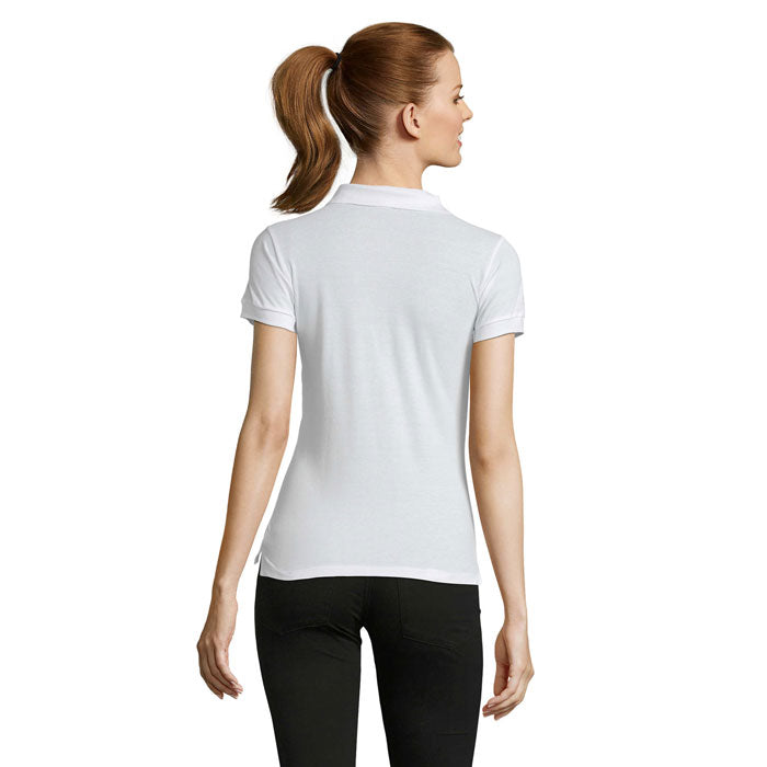 White four button women's polo shirt, back view