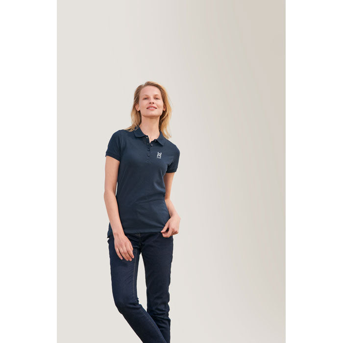 Branded Four Button Women's Polo Shirt in use