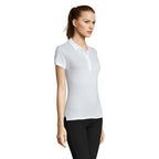 White four button women's polo shirt, side view