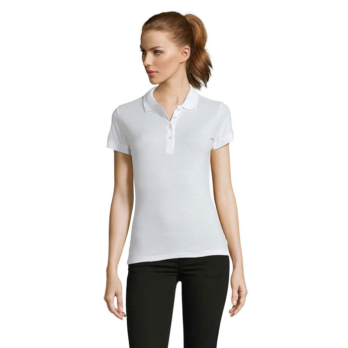 White four button women's polo shirt, front view
