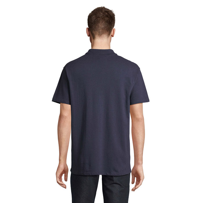 Navy branded polo shirt, back view