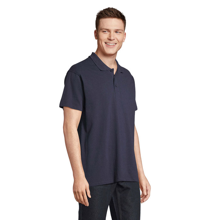 Navy branded polo shirt, side view