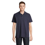 Navy branded polo shirt, front view
