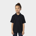 Model wearing a branded kids polo shirt