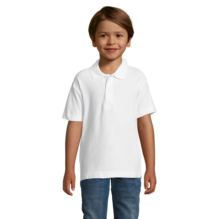 White kids polo shirt, front view