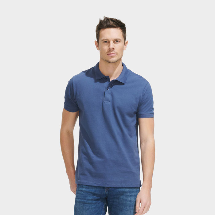 Model wearing a branded premium men's polo shirt