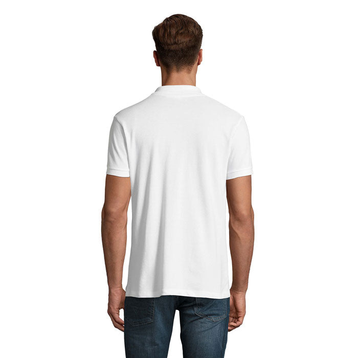 White branded polo shirt, back view