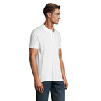 White branded polo shirt, side view