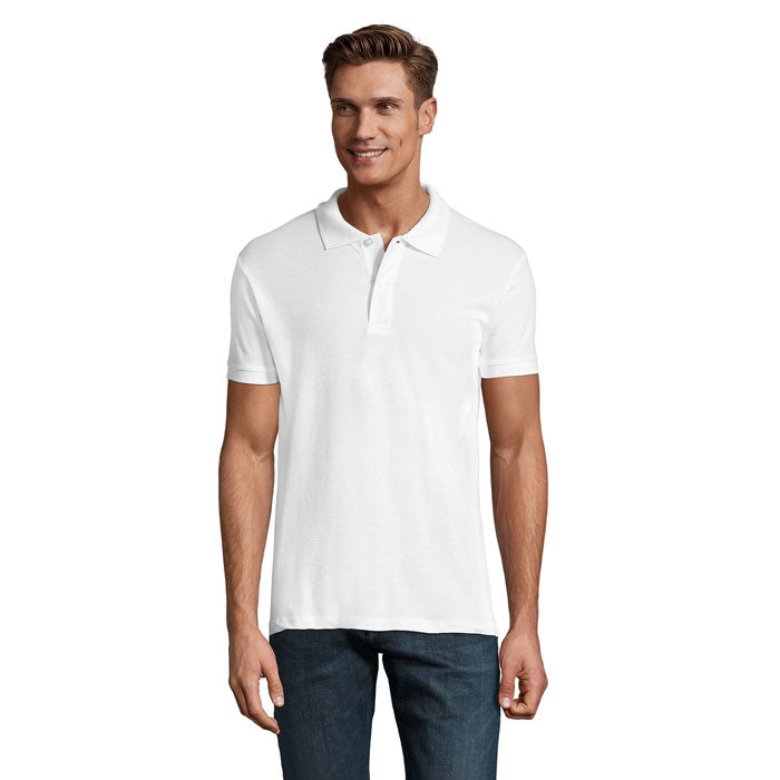 White branded polo shirt, front view