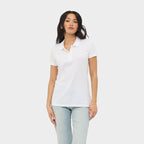 Model wearing a branded premium women's polo shirt
