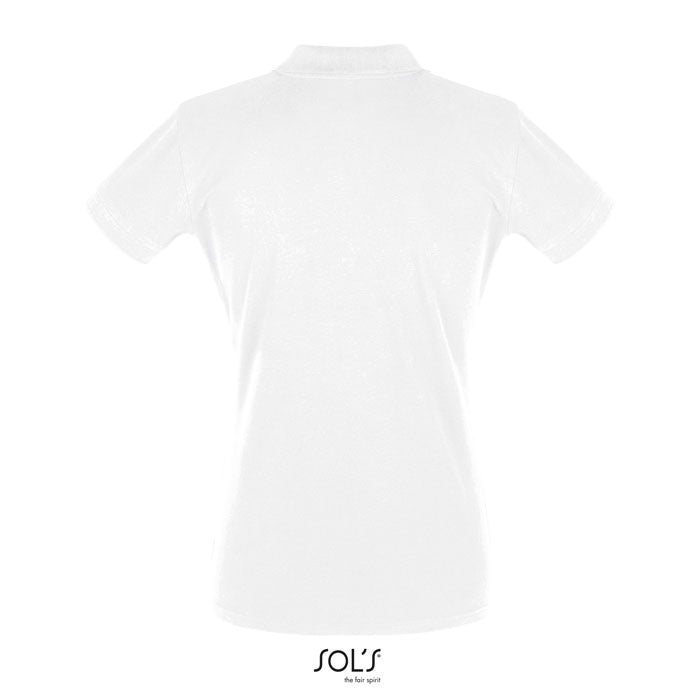 White premium women's polo shirt, back view