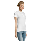 White premium women's polo shirt, side view