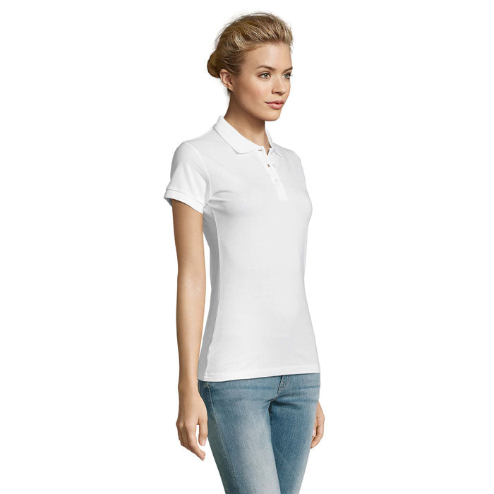 White premium women's polo shirt, side view