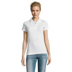 White premium women's polo shirt, front view