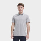 Model wearing a branded Oeko-Tex men's polo shirt