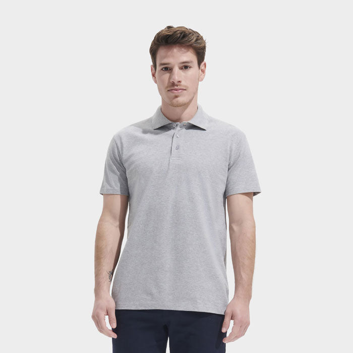 Model wearing a branded Oeko-Tex men's polo shirt