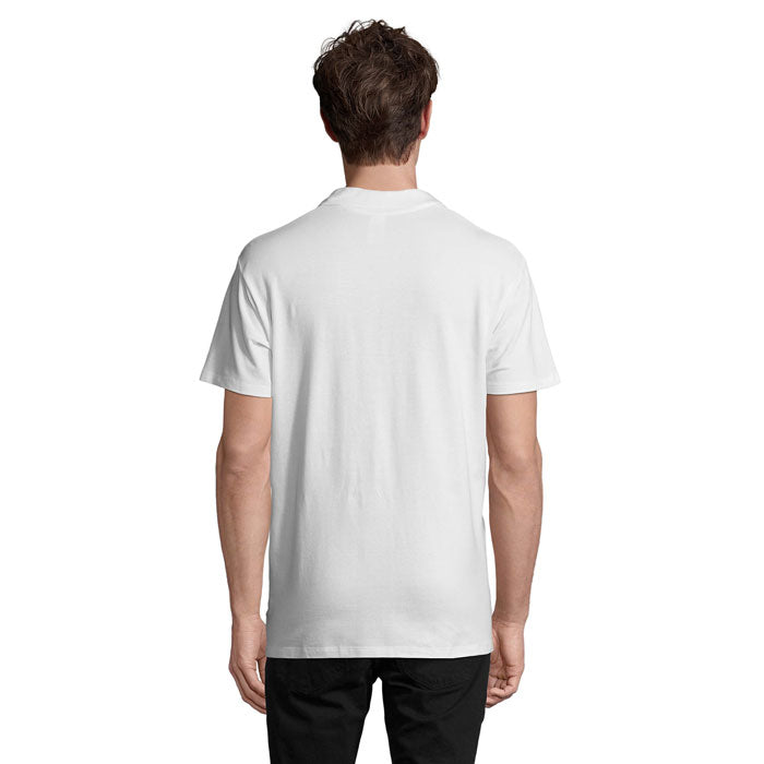 White Oeko-Tex certified men's polo shirt, back view