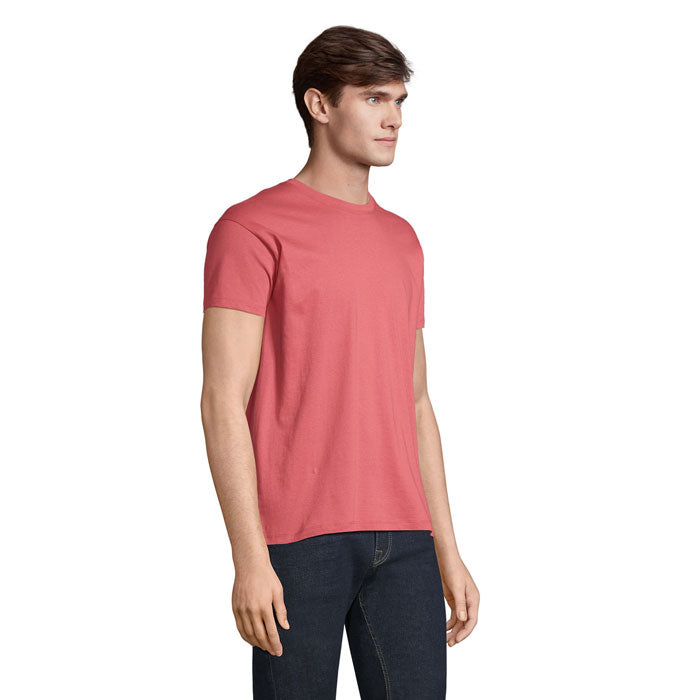 Pink branded unisex t-shirt, side view