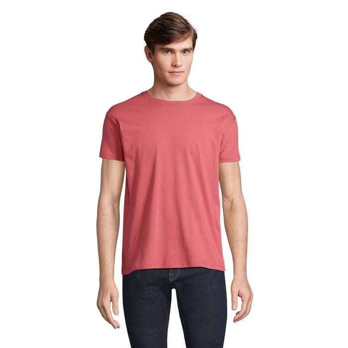 Pink branded unisex t-shirt, front view