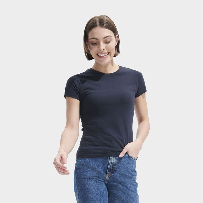 Model wearing a branded fitted jersey women's t-shirt