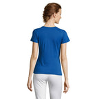 Blue branded fitted jersey women's t-shirt, back view