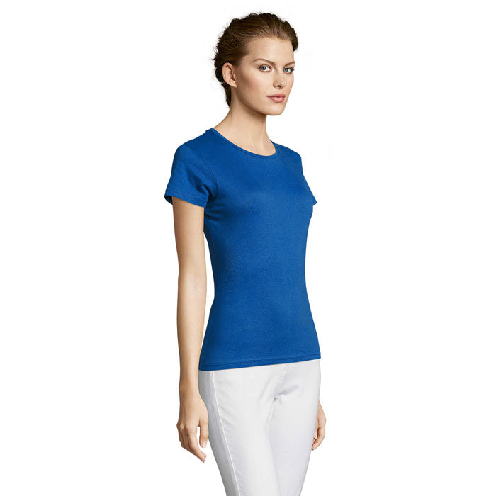 Blue branded fitted jersey women's t-shirt, side view