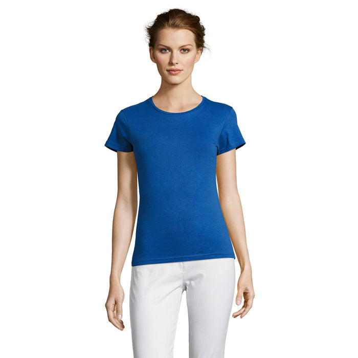Blue branded fitted jersey women's t-shirt, front view