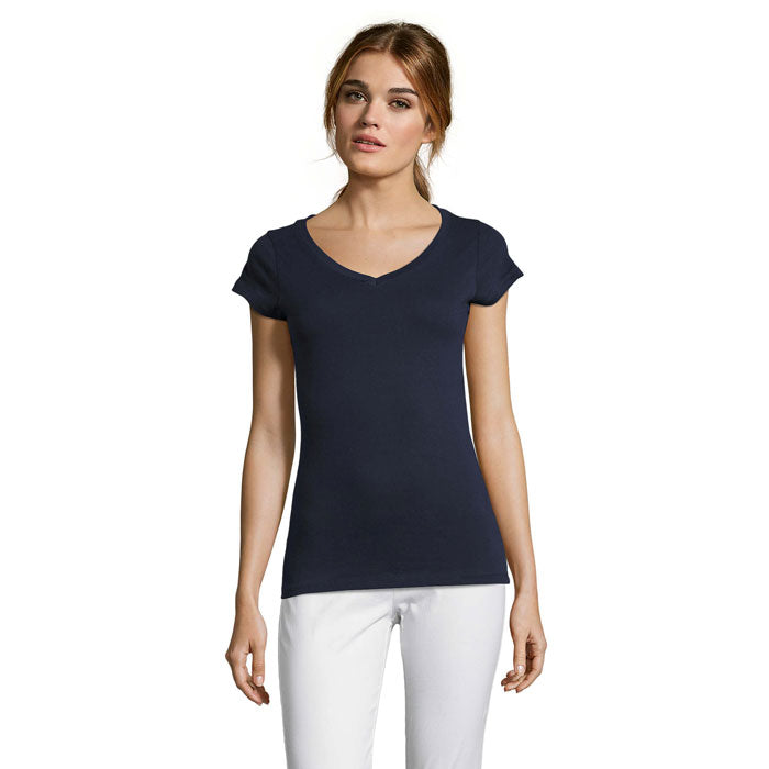 Branded Fitted V-Neck Women's T-Shirt in Blue