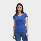 Model wearing a branded fitted V-neck women's t-shirt