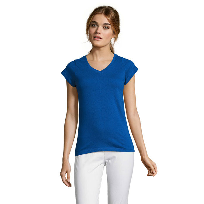 Branded Fitted V-Neck Women's T-Shirt in Blue