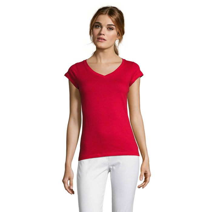 Branded Fitted V-Neck Women's T-Shirt in Red