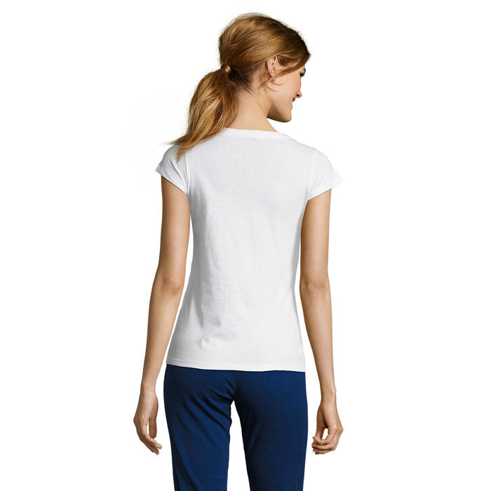 White branded fitted V-neck women's t-shirt, back view
