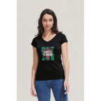 Branded Fitted V-Neck Women's T-Shirt in use
