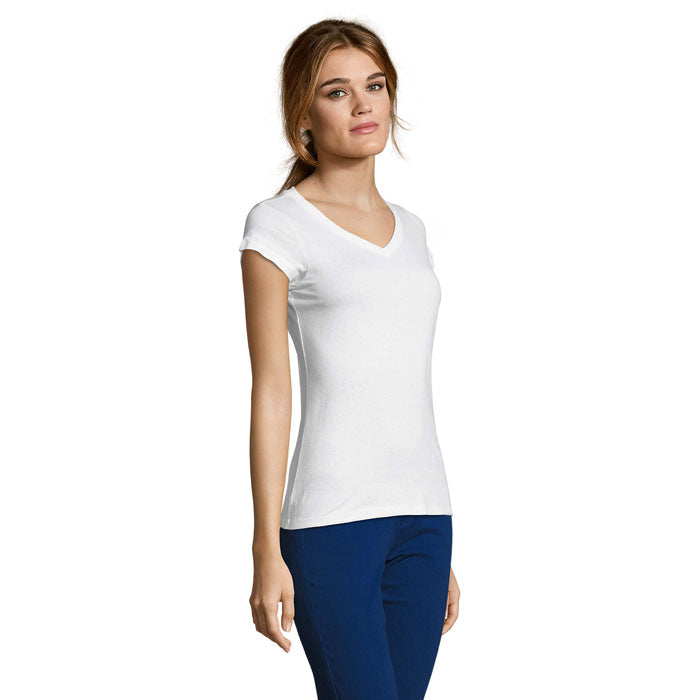 White branded fitted V-neck women's t-shirt, side view