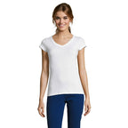White branded fitted V-neck women's t-shirt, front view