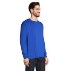 Blue branded long sleeve t-shirt, back view