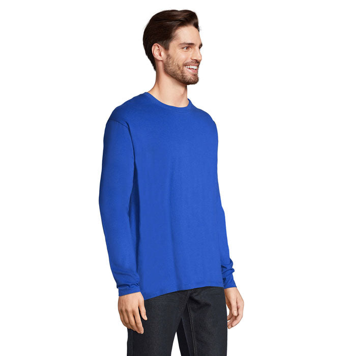 Blue branded long sleeve t-shirt, back view
