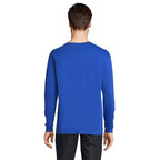 Blue branded long sleeve t-shirt, side view