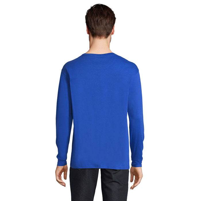 Blue branded long sleeve t-shirt, side view