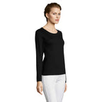Black branded fitted long sleeve women's t-shirt, side view