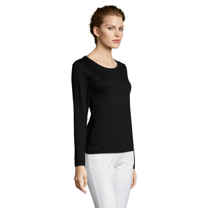 Black branded fitted long sleeve women's t-shirt, side view