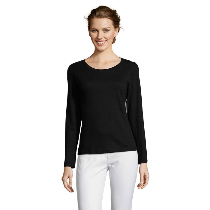 Black branded fitted long sleeve women's t-shirt, front view