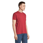 Red branded heavyweight men's t-shirt, side view