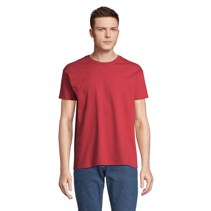 Red branded heavyweight men's t-shirt, front view