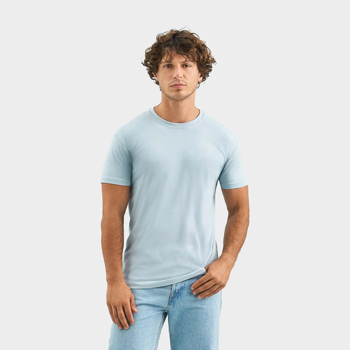 Model wearing a branded heavyweight men's t-shirt
