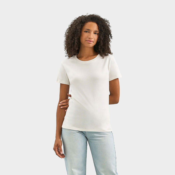 Model wearing a branded heavyweight women's t-shirt