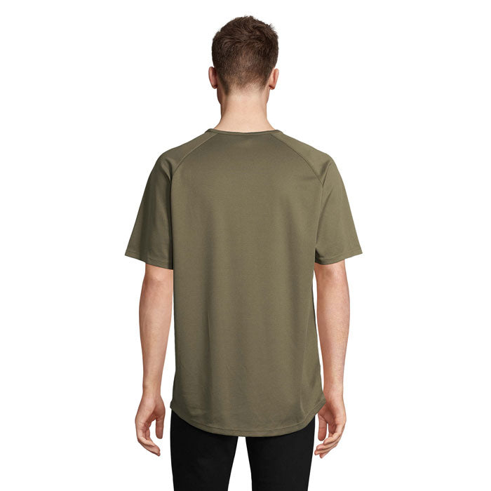 Army green branded raglan sports t-shirt, back view